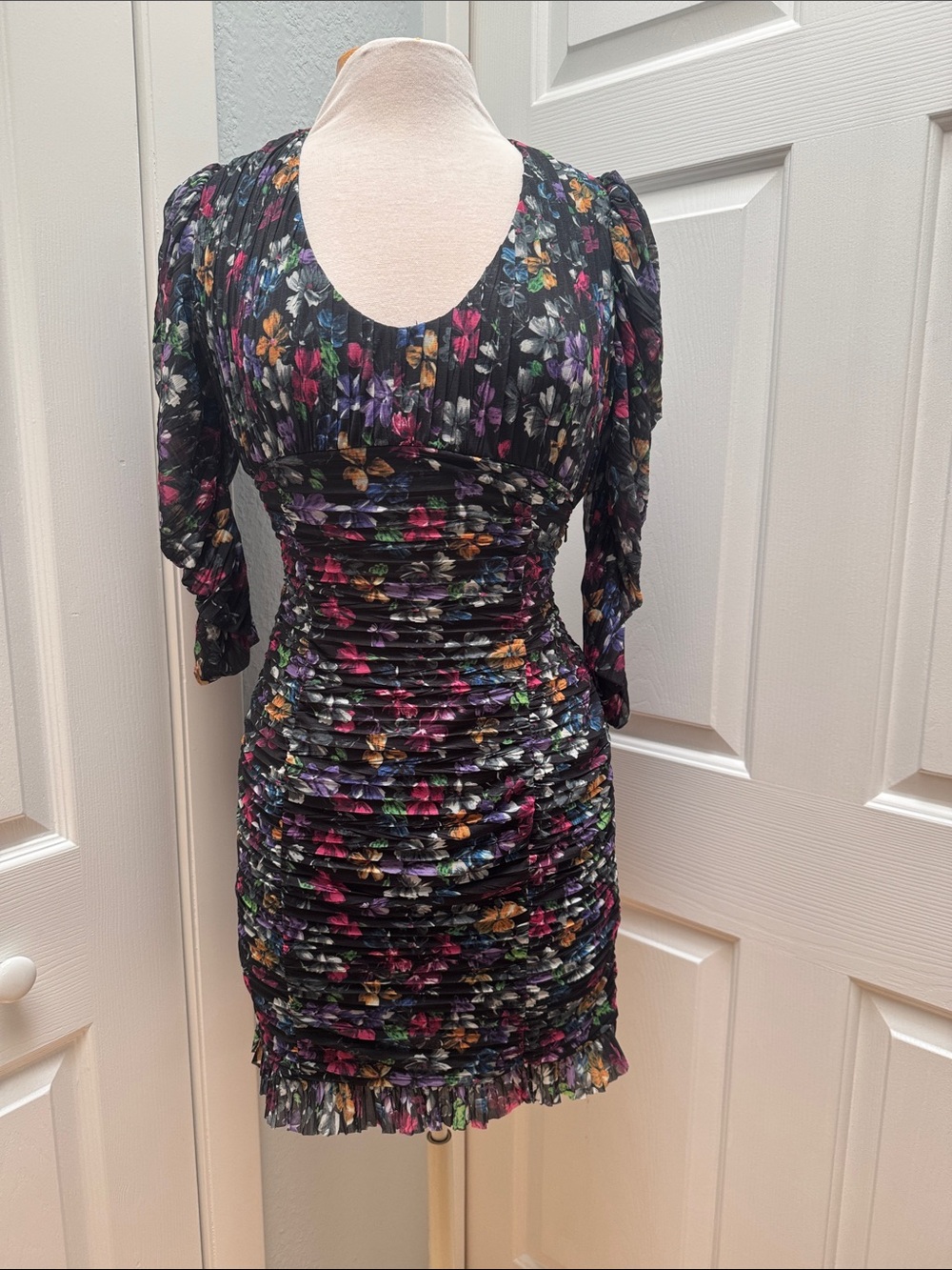 French Connection - Black Floral Ruched Mini Dress